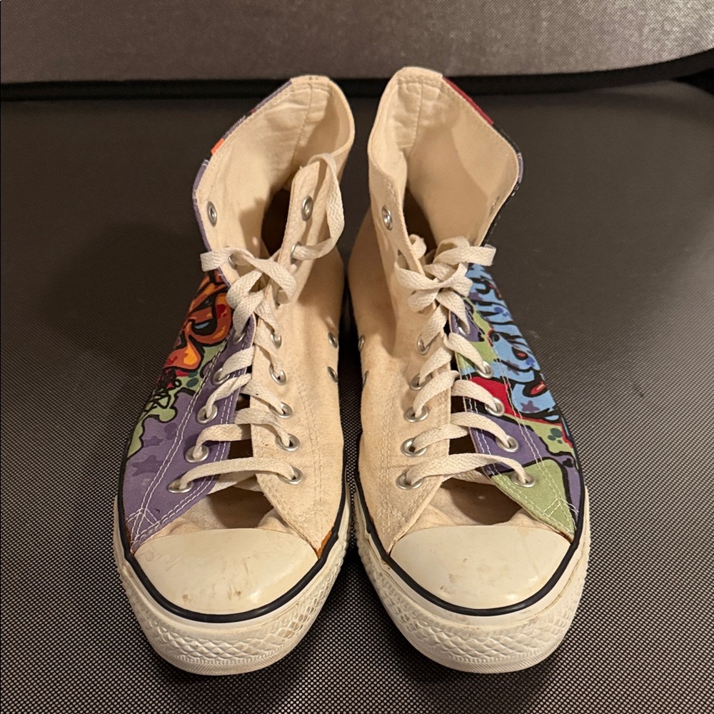 Converse Cream Canvas High-Tops with Blue Star